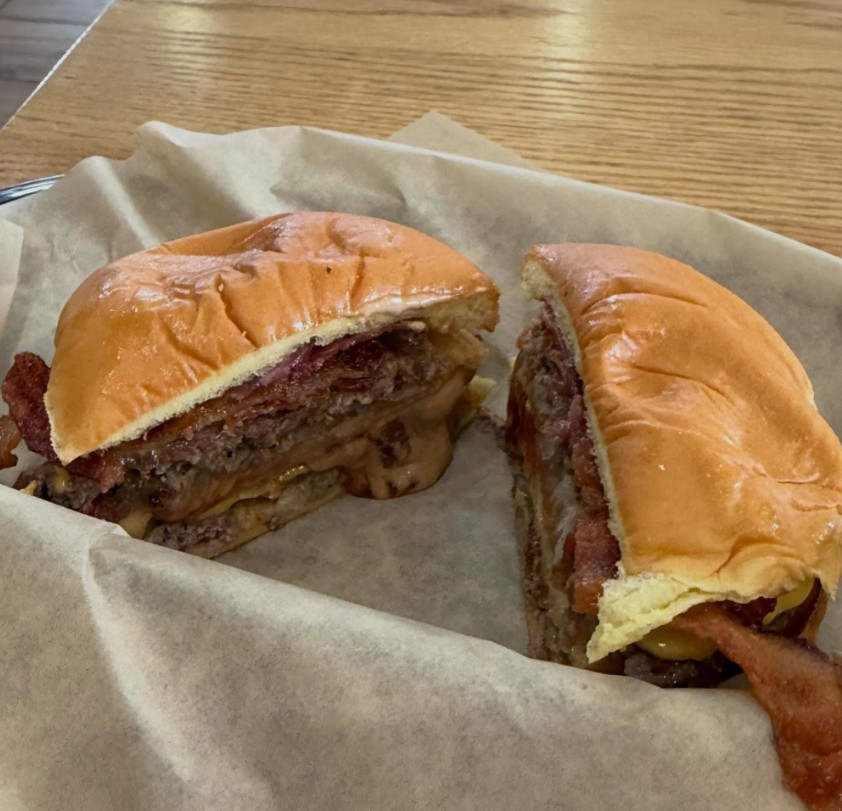 Bacon smash burger, halved