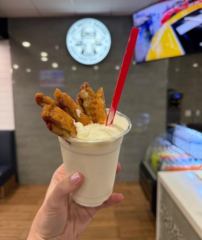 Uncrustable milkshake topped with a fried Uncrustable